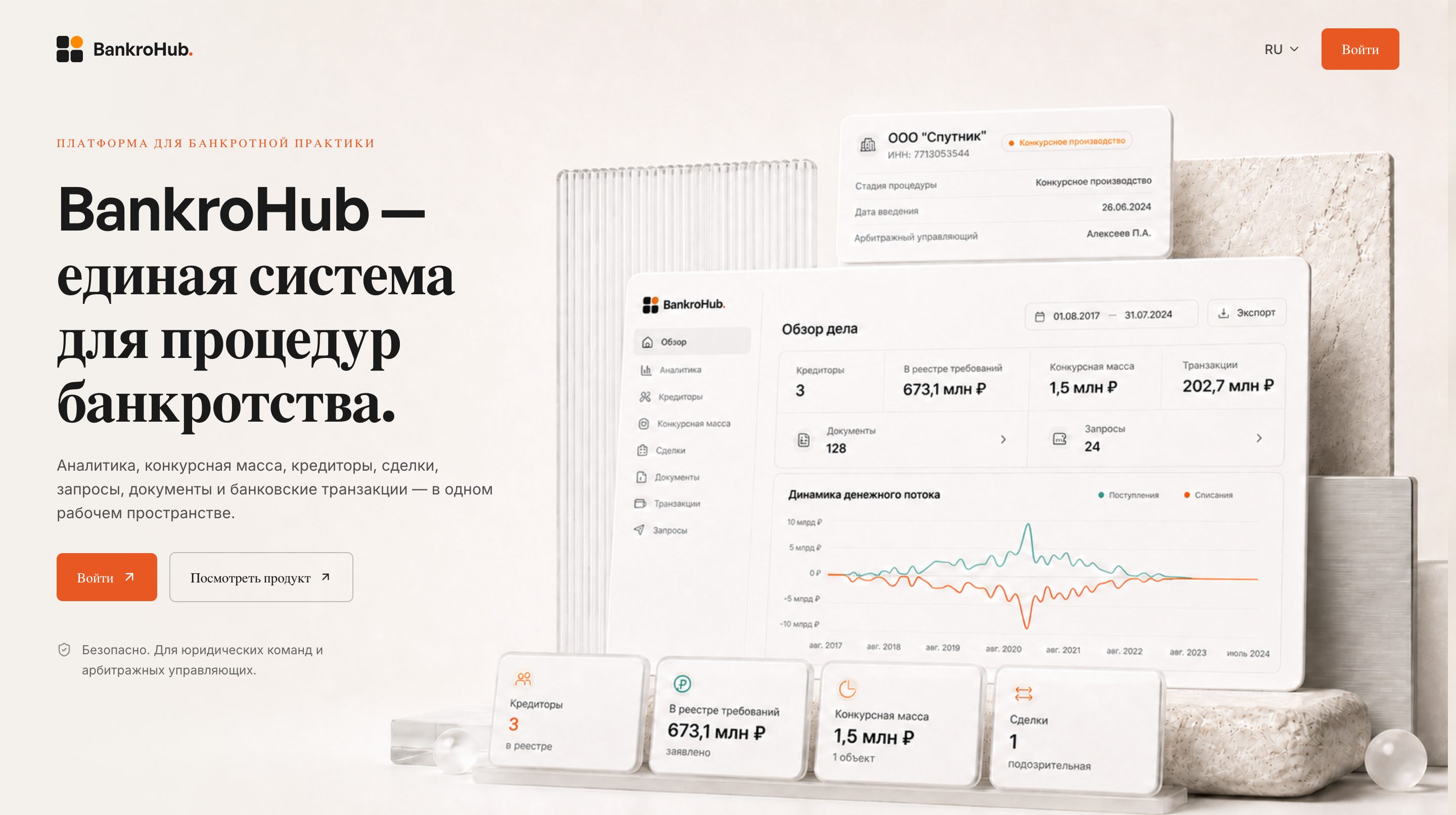 Главная страница BankroHub: обзор дела, реестр требований, динамика денежного потока
